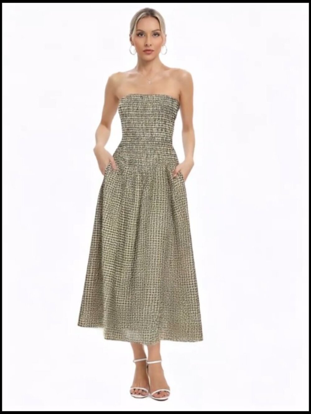 100% Cotton Strapless Maxi Dress with Pockets, Boho Swing Hem - Picture 6 of 7
